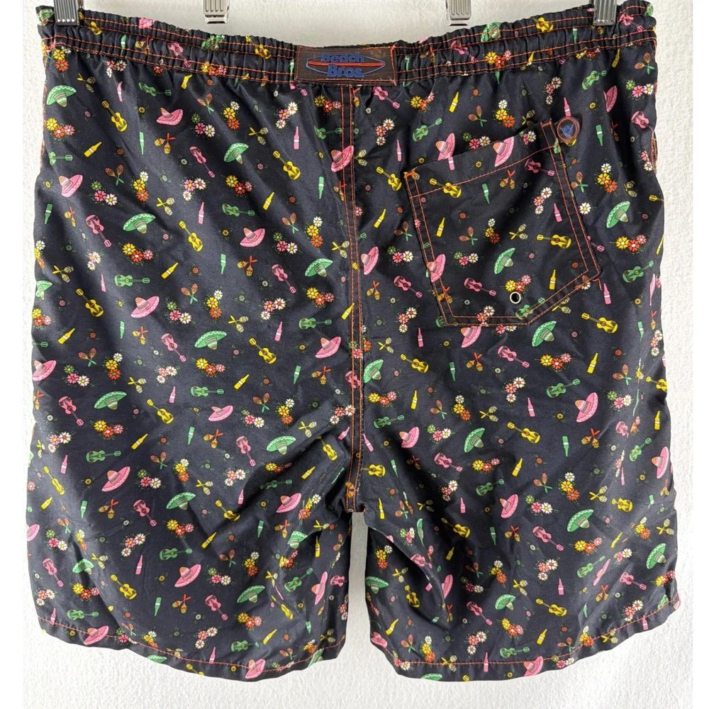 Beach Bros Mens XL Swim Trunks‎ Black Fiesta Sombrero Guitar Print Board Shorts